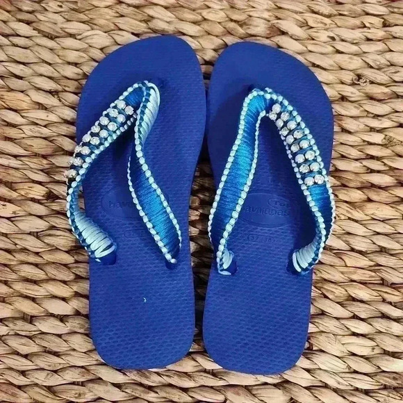 Havaianas Flip Flops with Rhinestones, Pearls and Thread Wrapped Straps - Picture 1 of 6